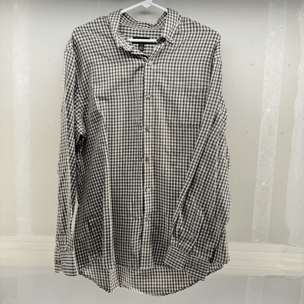 Vintage Van Heusen Mens Large 16-16.5 White Brown Plaid Button Up Flannel Shirt‎